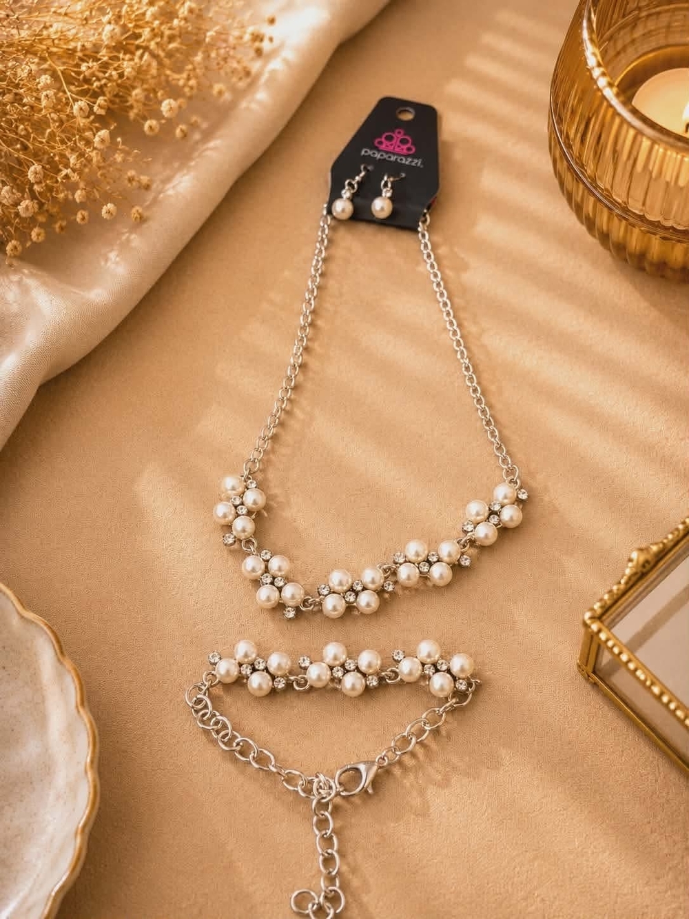 paparazzi White Pearl Cluster Necklace and Bracelet Set with Silver Chain